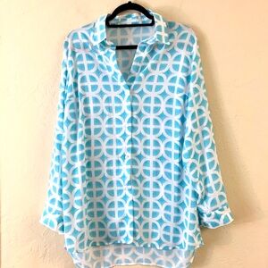 Watercolors By Kenny Flowers Oversized Button Down Blouse Large Blue Relaxed Fit